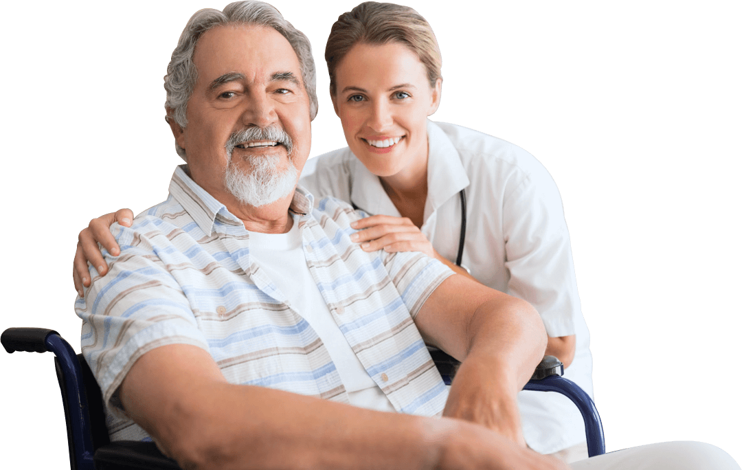 senior man and caregiver smiling