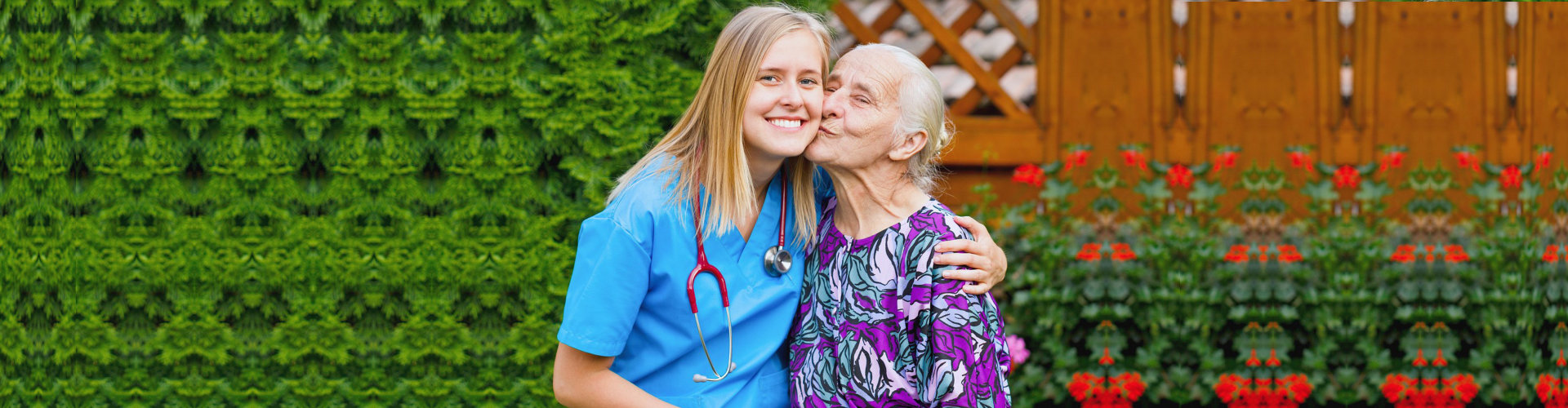 senior woman kissing caregiver